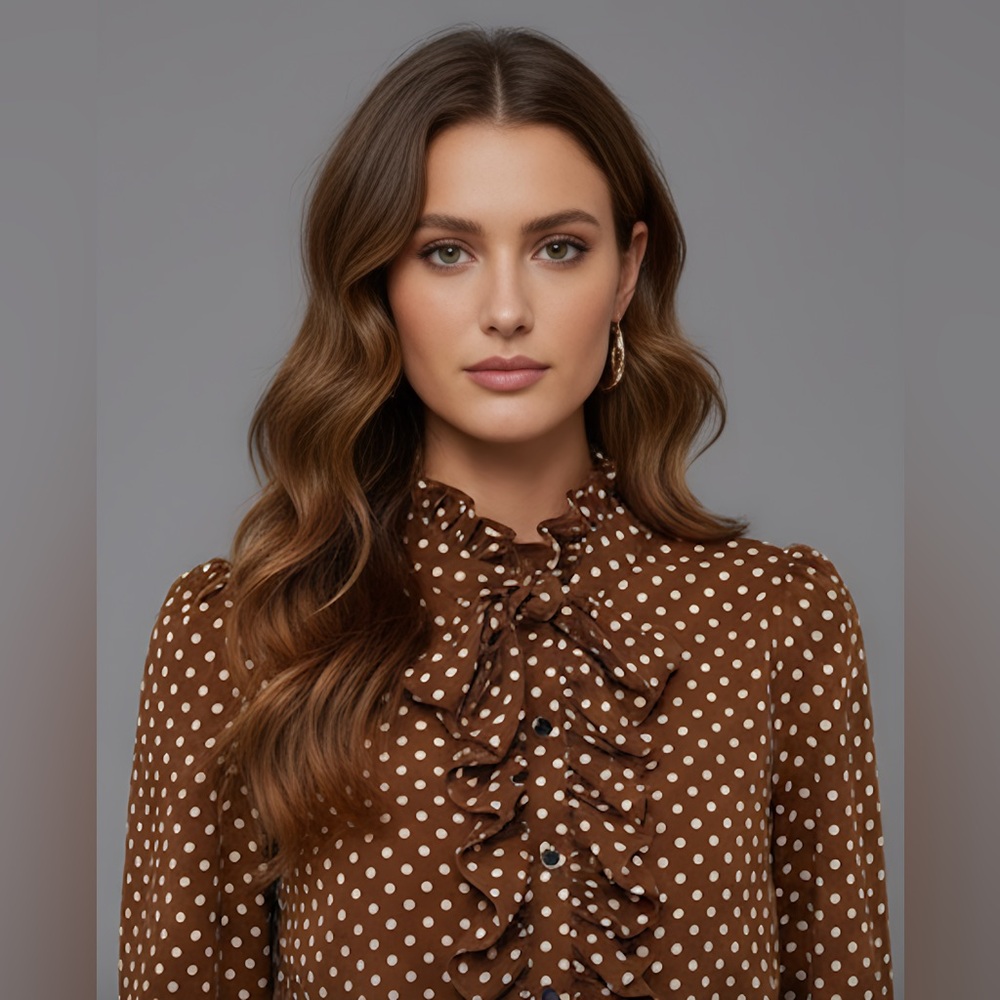 Polka Dot Ruffle Trim Blouse Brown - Picture 2 of 9